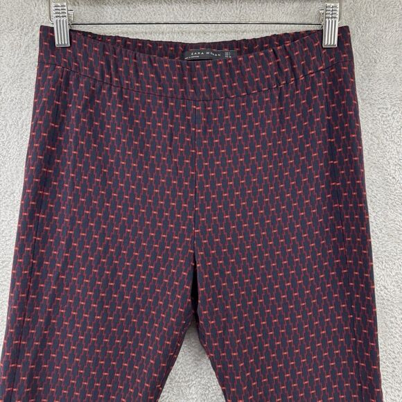 Zara Pants Women M Red Navy Blue Pull ON Elastic Waist Bootcut Mid Rise Stretch - Picture 3 of 13